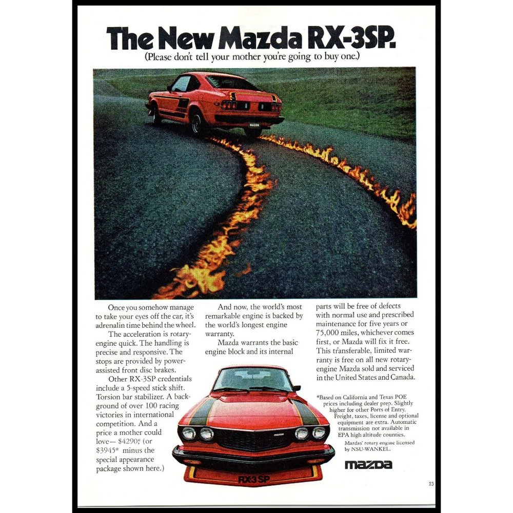 1978 Mazda RX-3SP Sports Car Vintage Print Ad Fire Flame Tire Tracks Wall Art